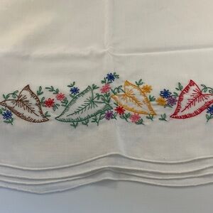 Embroidered White Linen Bed Pillow Covers with Colorful Leaf Motif - set of 2